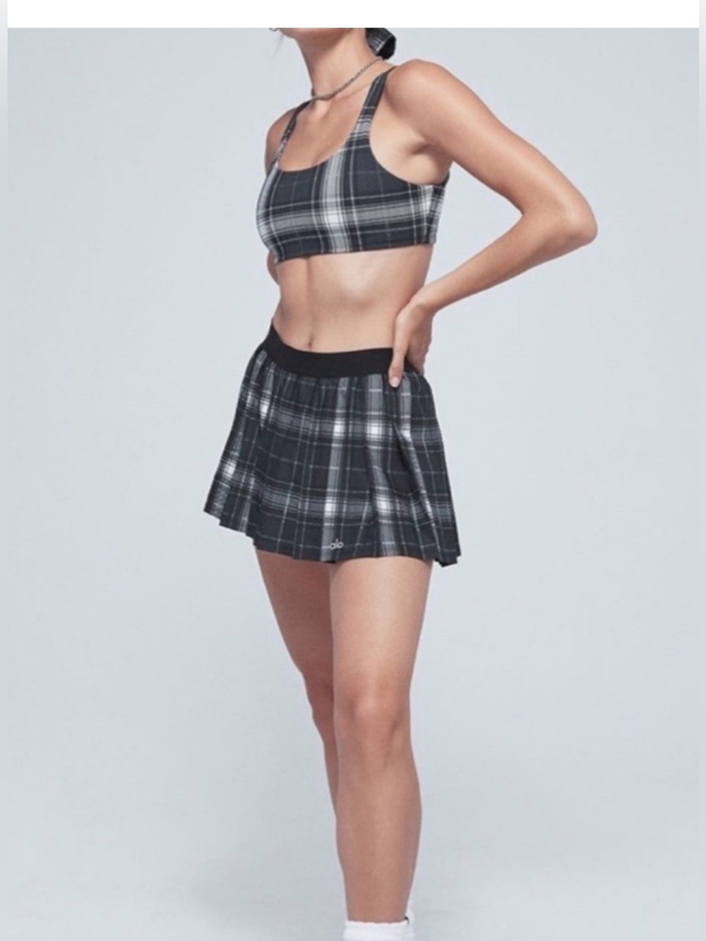 ALO Yoga Black & Gray Plaid Pleated Skirt